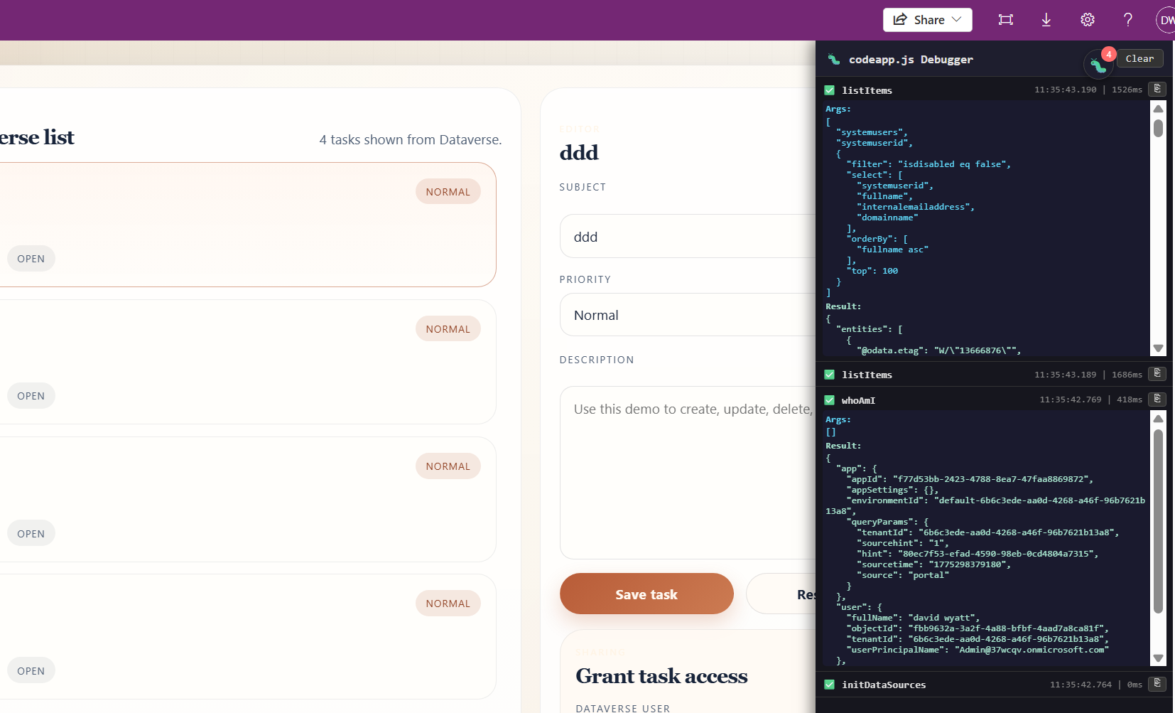 Debug panel open with API call details